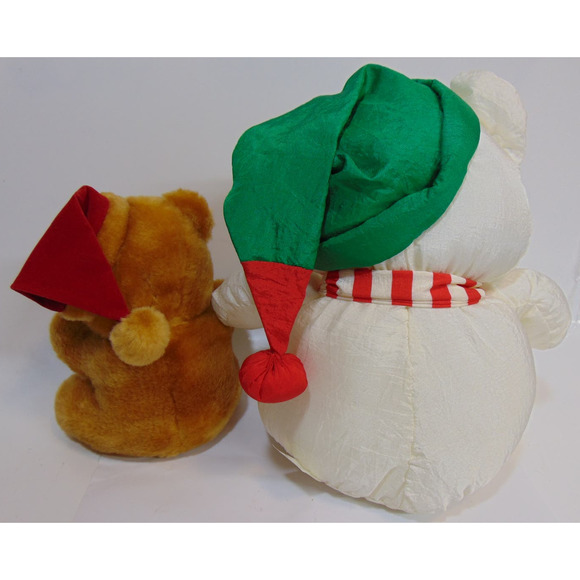 Vintage Christmas Bears Teddy Silk Hat Scarf White Brown Red Nose Plastic Eyes - Picture 2 of 9